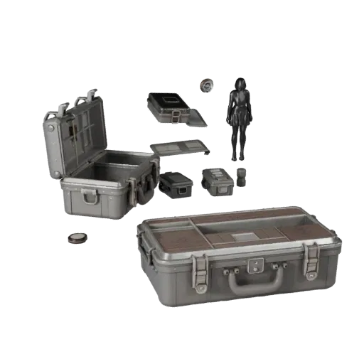 Mallette utilitaire 3D haute densité, rendu studio rapproché, montrant plastique, ouvertures fonctionnelles.