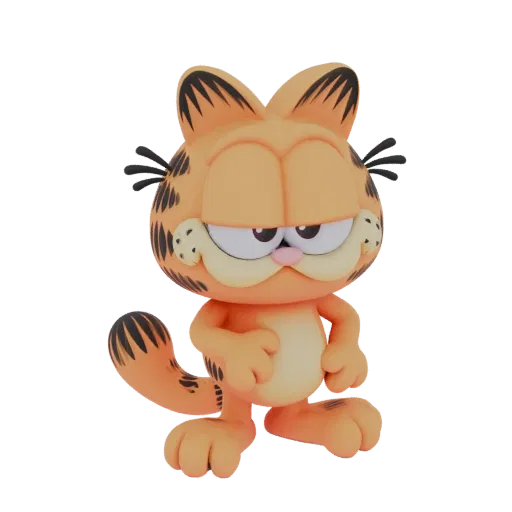 Un rendu 3D du personnage de chat Garfield, représenté avec une expression grognonne, une fourrure orange et des rayures noir