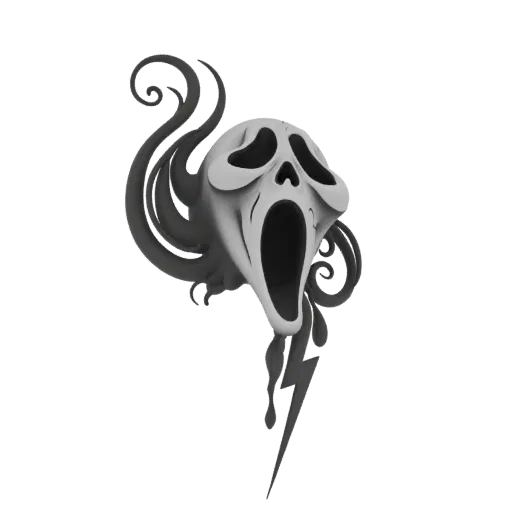 A 3D model of a screaming ghost with dark, swirling smoke tendrils and a lightning bolt emerging from its mouth, rendered in