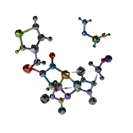 Crystal Protein Chain Low Poly 3D model, game viewport three-quarter view, showing colored spheres, molecule layout.
