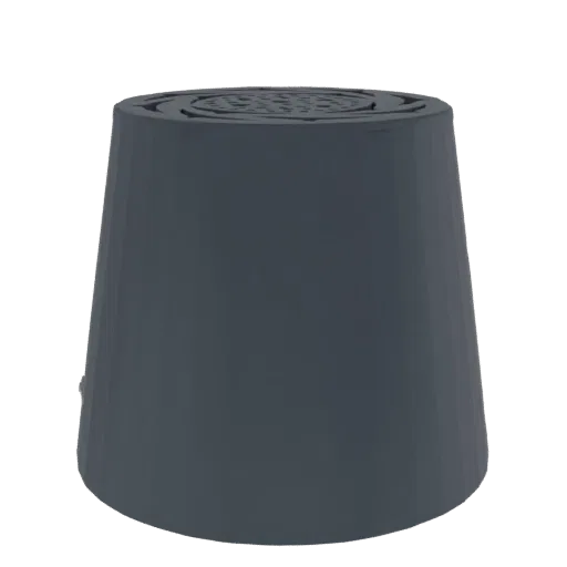 3D model render of a dark gray conical nozzle with a perforated top
