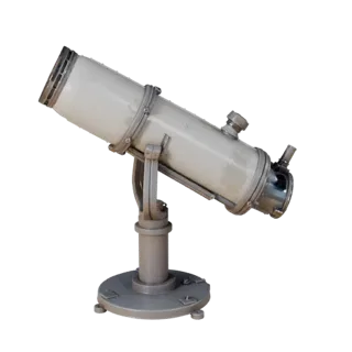 Classroom Observatory Mount Stylized 3D model, stylized isometric render, showing metal tubes, optical alignment.