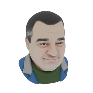 3D model render of a stylized man's bust wearing a blue jacket and green shirt, with dark hair and a friendly smile.