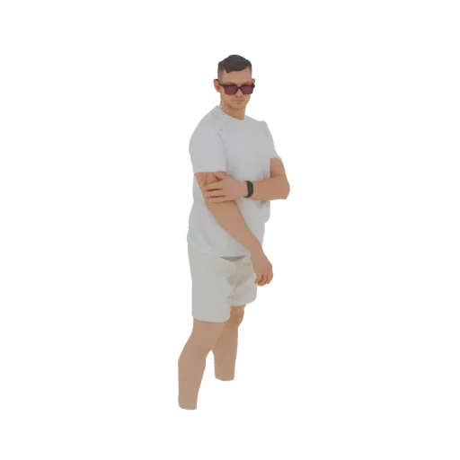Modèle 3D d'un homme en t-shirt blanc, short clair et lunettes de soleil, debout, bras croisés.