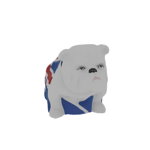 3D model of a white British Bulldog figurine with a Union Jack flag pattern on its body, looking forward with a stern express