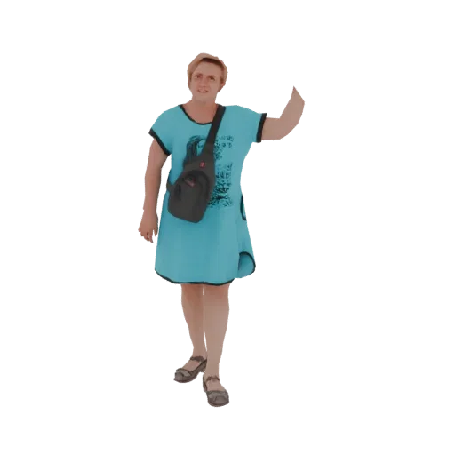 3D model of a woman in a blue dress and black sling bag, waving with her right hand.
