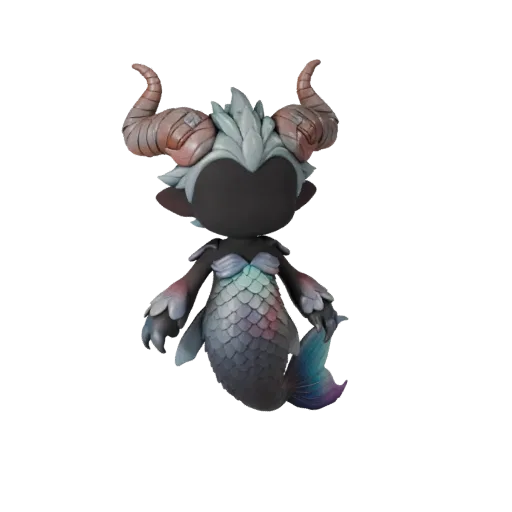 Modello 3D Sirena Cartone animato, rendering di fauna selvatica vista laterale, asset animale stilizzato con corna, creste, s