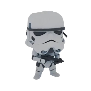 Modelo 3D de un Stormtrooper de Star Wars de pie con un rifle bláster, con armadura blanca y cabeza estilizada.