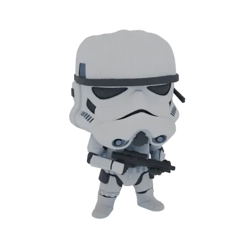 3D model of a Star Wars Stormtrooper standing with a blaster rifle, featuring white armor and a stylized head.