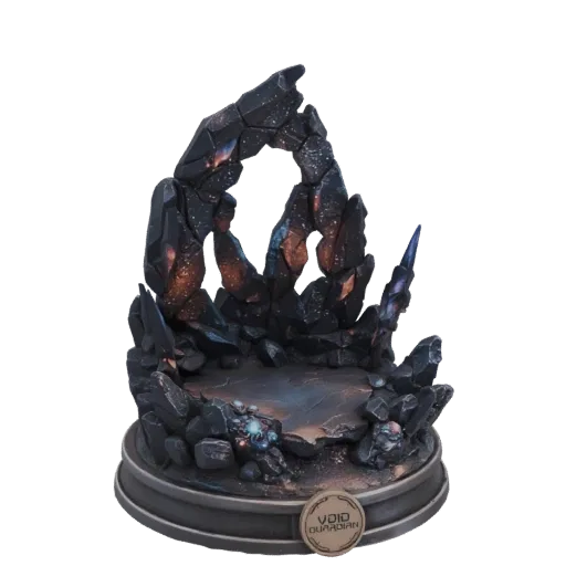 3D model of a dark, rocky diorama base with a jagged crystalline arch, glowing ethereal elements, and a central platform, lab