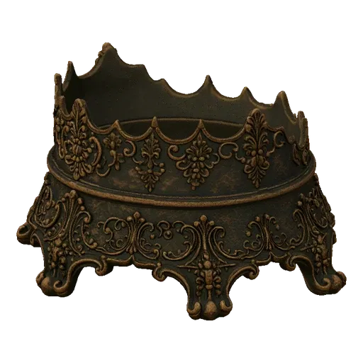 3D model of an ornate, crown-shaped decorative stand with intricate scrollwork and a metallic finish, set against a black bac
