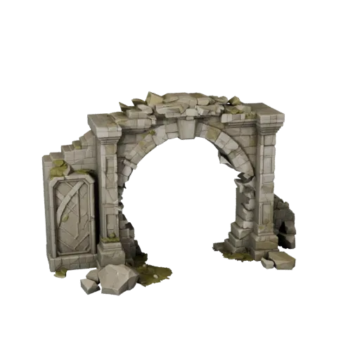 Buried City Gateway Low Poly 3D model, game viewport three-quarter view, showing aged stone, built remnants.