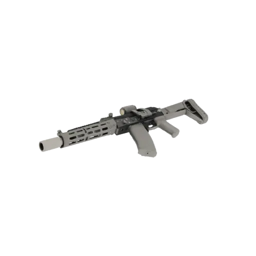 3D model of a modern grey assault rifle with a tactical scope, presented on a white background.