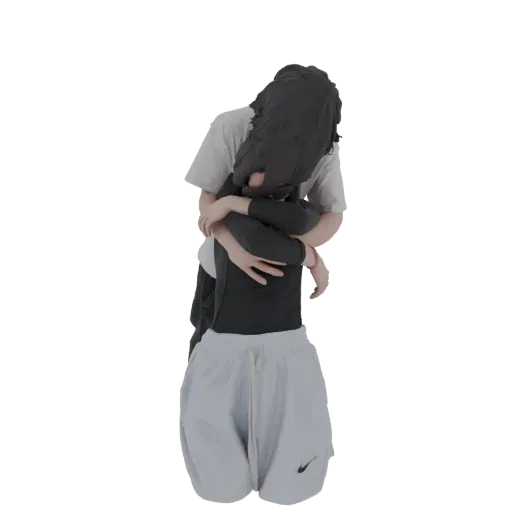 3D model of two figures embracing, rendered in a modern, abstract style with simple clothing.