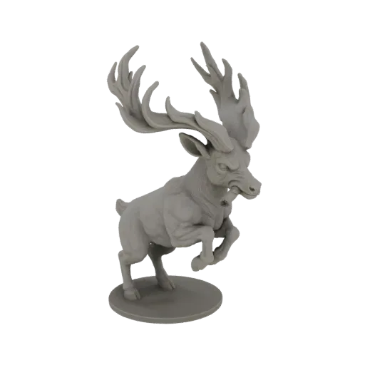 3D model of a furious stag with large, flared antlers, captured in a dynamic leaping pose, with a snarling expression.