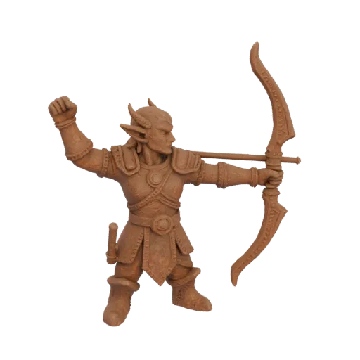 Miniatura STL Arciere Elfo Fantasy Vittoria, rendering da tavolo a tre quarti, miniatura da schermaglia stampabile in resina