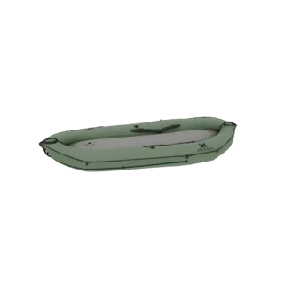 3D model of a green inflatable kayak, shown from a side angle on a white background.