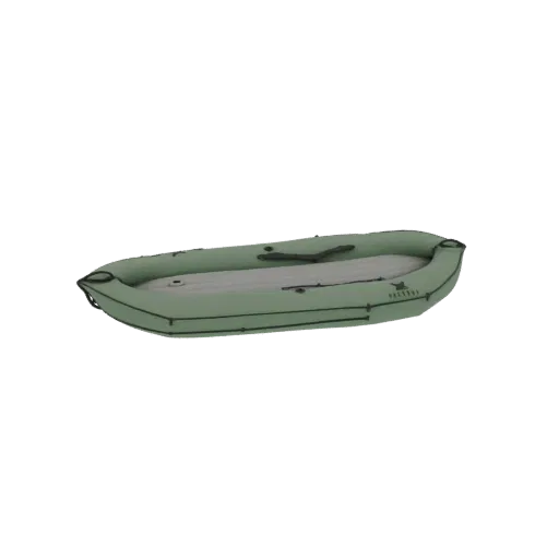 3D model of a green inflatable kayak, shown from a side angle on a white background.