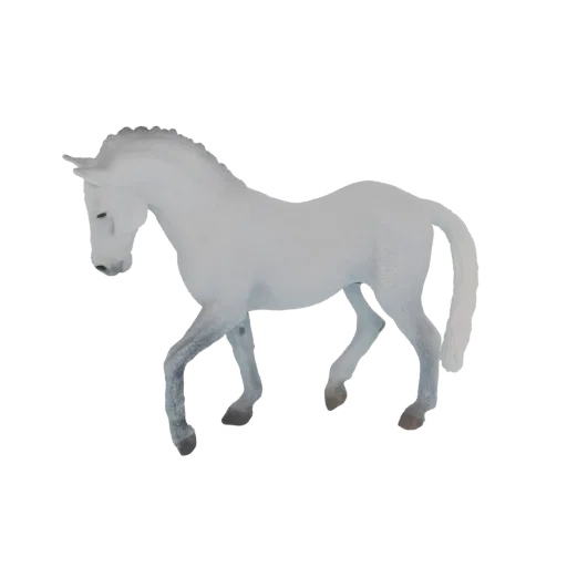 3D model of an elegant white horse with its head lowered and one front leg raised, captured in a walking pose.