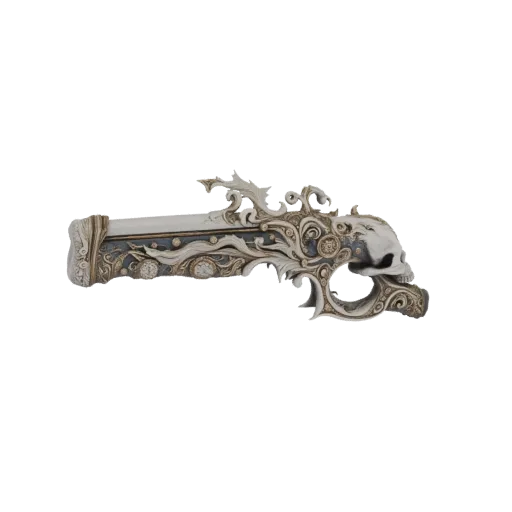 3D model of an ornate flintlock pistol with a skull-shaped grip and detailed scrollwork.