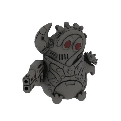 3D model of a grey cybernetic owl creature with red eyes and a blaster, set against a white background.