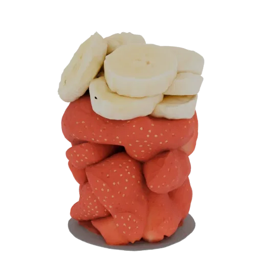 3D model of a stack of red strawberries topped with sliced yellow bananas, presented on a gray base.