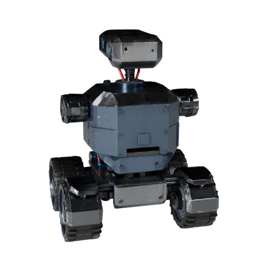 Research Service Robot Low Poly 3D model, game viewport three-quarter view, showing metal frames, robot form.