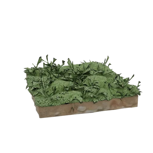 3D model of a high grass terrain tile with lush green vegetation and a textured rocky base, isolated on a white background.