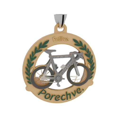 3D model of "Porechye" medal with racing bicycle, laurel branches, and "Porechye" inscription.