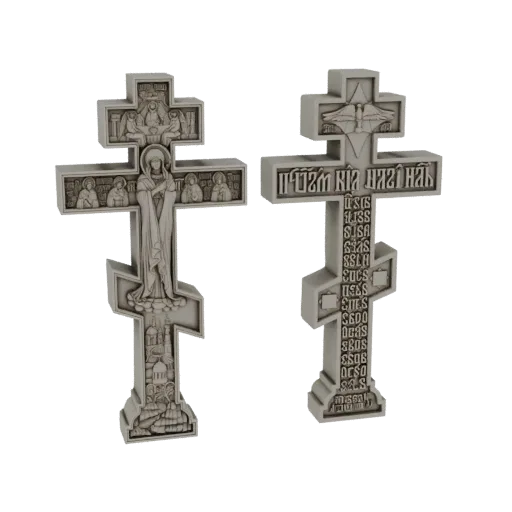 3D model of a detailed Orthodox cross with religious iconography and Cyrillic inscriptions on a black background.
