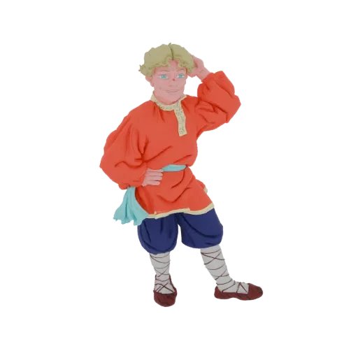 3D model of a claymation-style Russian peasant boy with blonde curly hair, wearing an orange tunic and blue pants, with a blu