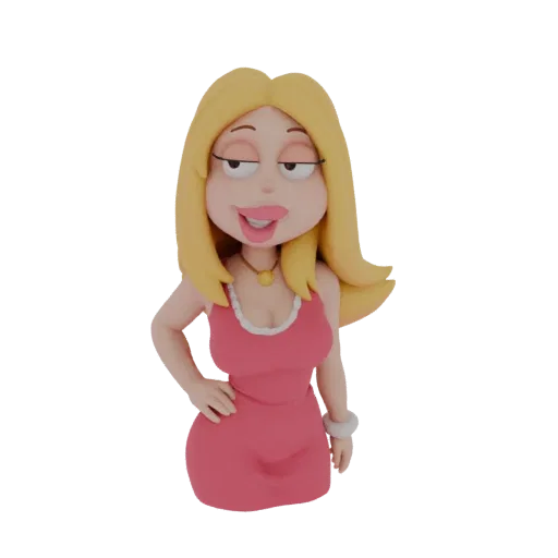 Modello 3D di donna stilizzata bionda con capelli biondi, indossa un abito rosa e una collana, con una mano sul fianco.
