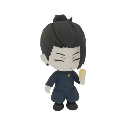 3D model of Suguru Geto in chibi style, wearing his uniform and holding a popsicle, with his hair in a bun.