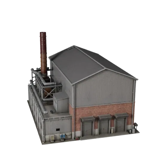 Modèle 3D réaliste d'usine de ciment, vue extérieure à trois quarts, montrant les matériaux du bâtiment industriel et les dét