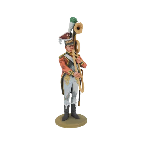 3D model of a 19th-century military musician in a red uniform holding a brass bugle, standing on a base.