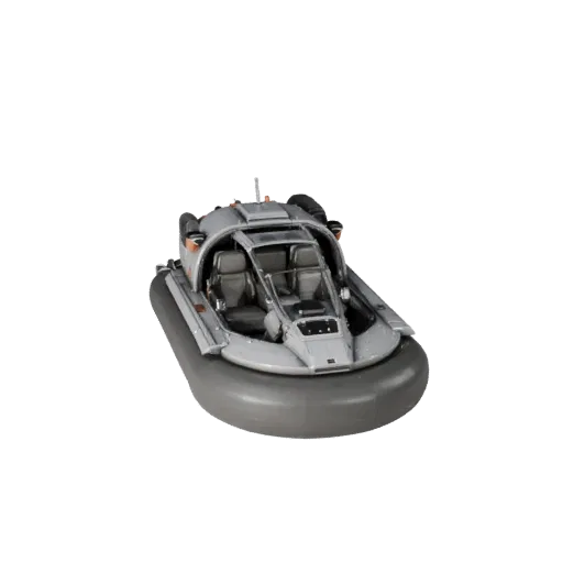 Modello 3D di hovercraft di soccorso, vista di gioco a tre quarti, asset veicolare pronto per Unreal Engine con silhouette ap