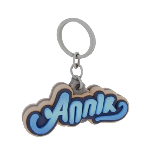 3D model of keychain with name "Agnia" in graffiti style, with volumetric letters and bright color transitions.