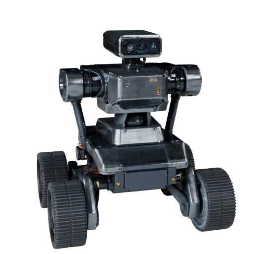 Research Service Robot 3D model, three-quarter front view, Unreal Engine viewport, showing metal frames, robot form.
