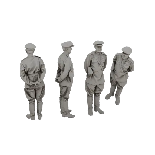 A 3D render of four unpainted grey Soviet military figures in various poses against a black background.