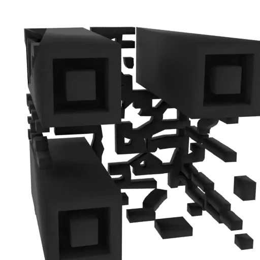 3D render of an abstract geometric sculpture with interlocking cubes and a dark, matte finish against a black background.