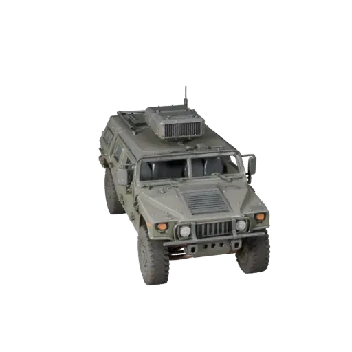Modelo 3D Humvee, vista de estúdio em três quartos, ativo de veículo pronto para animação com massa de blindagem, postura rob