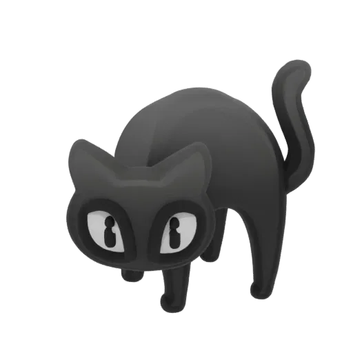 A 3D render of a stylized black cat with large white eyes, arched back, and a curved tail, presented on a white background.