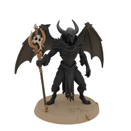 Miniatura STL Lich Negromante d'Ossidiana Dark Fantasy, rendering da tavolo a tre quarti, miniatura boss stampabile in resina