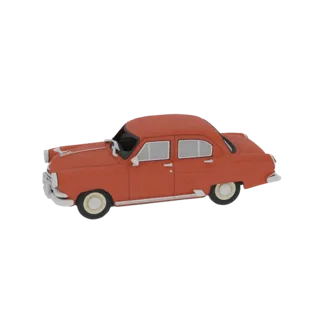 Modello 3D di una berlina rossa classica con carrozzeria arrotondata, dettagli cromati e finestrini distintivi, vista di lato