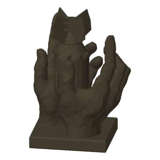 3D model render of a dark, textured sculpture showing a bomb held carefully in two hands, resting on a square base.
