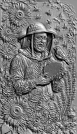 3D-Modell Imker-Flachrelief in Schutzkleidung, hält einen Wabenrahmen, vor dem Hintergrund von Sonnenblumen, Bienen und Schme