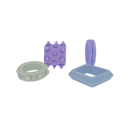 A 3D render of four geometric fashion accessories: a light green studded bracelet, a purple spiked cuff, and two light blue r