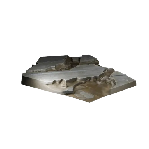 Wet Cave Floor Section Realistic 3D model, three-quarter environment render, showing layered soil, built remnants.