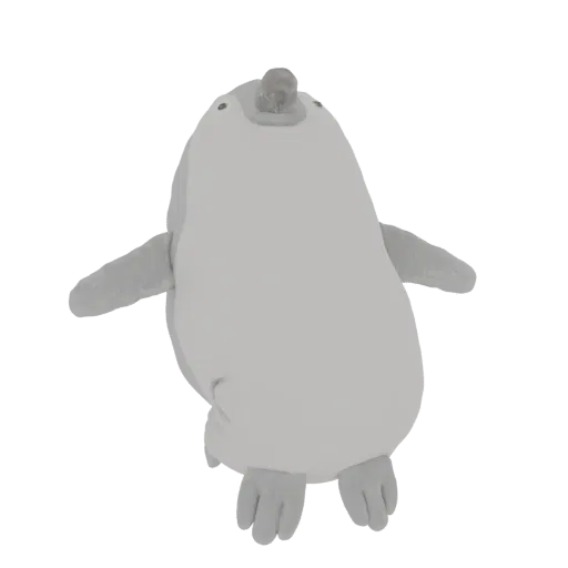 Modelo 3D de uma pelúcia de pinguim gordinho, cinza claro, com asas curtas e um pequeno chifre na cabeça, contra um fundo bra