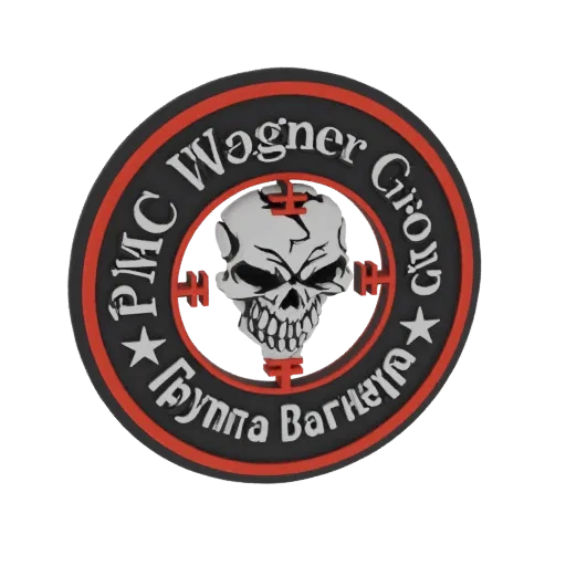 3D model render of the PMC Wagner Group emblem, featuring a skull with crosshairs inside a circular badge with red and black